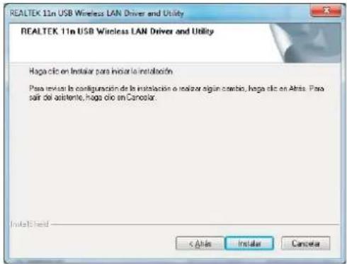 REALTEK 11n USB Wireless LAN Driver and Utility Hapa clic en Instalar para iniciar la instalación. Para revisar la configuración de la instalación o realizar algún cambio, haga clic en Atras. Para salir del asistente, haga clic en Cancalar. Installable field < Atras Instalar Cancelar