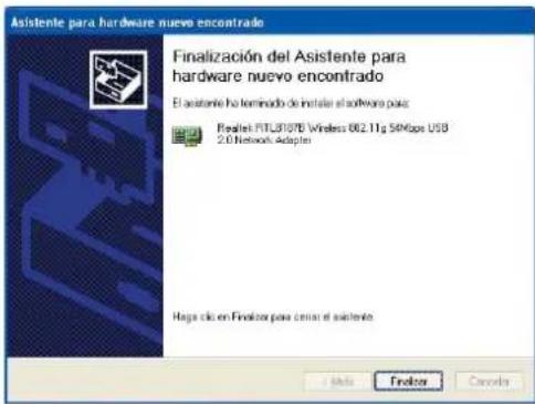 Asistente para hardware nuevo encontrado Finalización del Asistente para hardware nuevo encontrado El asistente ha terminado de installer el software paco Fisalek RTL31076 Wireless 802.11g 54Mbps USB 2.0 Network Adapter Haga clic en Finistor para ciniar el asistente. Filetor Cancelor