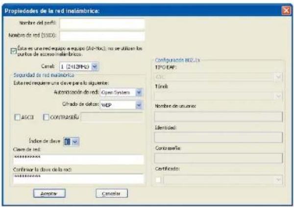 Propiedades de la red inalámbrica: Nombre del perfil: Nombre de red (5500): Esca es una red equipo a equipo (Ad-hoc), no se utilizan los puntos de acceso inalámbricas. Cere: 1 (241.2MHz) Segundad de red inalámbrica Este red requiere una clave para la siguiente: Automación de red: Open System Ofrado de datos: MEP ASCII CONTRASER Índice de clave: Clave de red: Confirma la clave de la red: Accesor Cancelar Configuración BOS.Lx TIPO/IEAF: OK Tánel: Nombre de usuario: Identidad: Contrasella: Certificado: