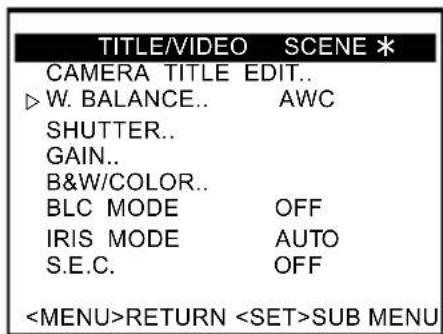 TITLE/VIDEO SCENE * CAMERA TITLE EDIT.. ▷W. BALANCE.. AWC SHUTTER.. GAIN.. B&W/COLOR.. BLC MODE OFF IRIS MODE AUTO S.E.C. OFF RETURNSUB MENU