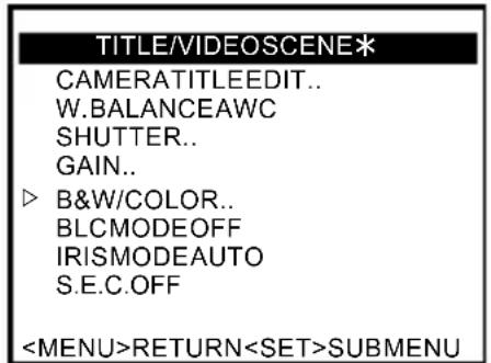 TITLE/VIDEOScene* CAMERATITLEEDIT.. W.BALANCEAWC SHUTTER.. GAIN.. ▷ B&W/COLOR.. BLCMODEOFF IRISMODEAUTO S.E.C.OFF RETURNSUBMENU
