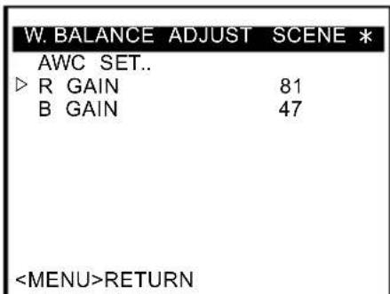 W. BALANCE ADJUST SCENE * AWC SET.. ▷ R GAIN 81 B GAIN 47 RETURN