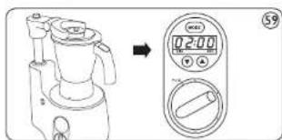 Diagram showing a blender being processed via a digital display, with time and control buttons labeled.