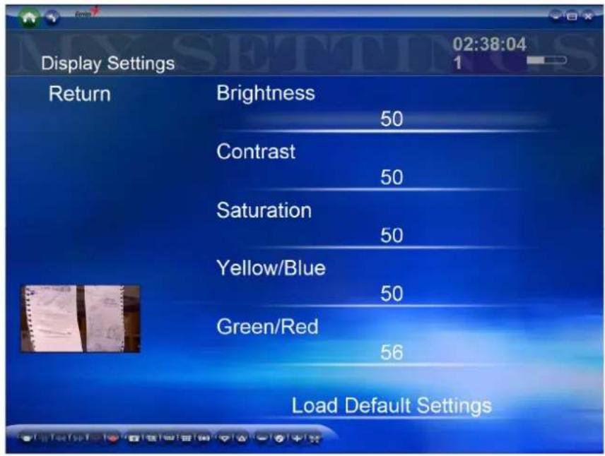 Display Settings 02:38:04 1 Return Brightness 50 Contrast 50 Saturation 50 Yellow/Blue 50 Green/Red 56 Load Default Settings