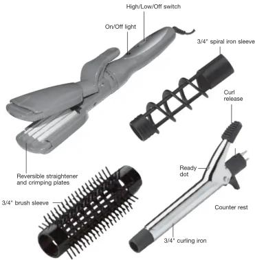 High/Low/Off switch On/Off light 3/4" spiral iron sleeve Curl release Reversible straightener and crimping plates Ready dot Counter rest 3/4" curling iron