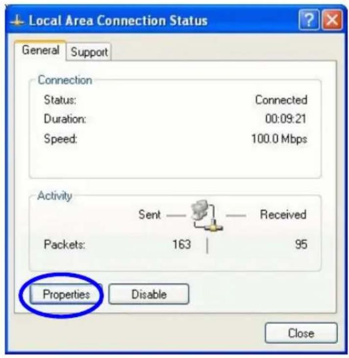 Local Area Connection Status General Support Connection Status: Connected Duration: 00:09:21 Speed: 100.0 Mbps Activity Sent — Received Packets: 163 | 95 Properties Disable Close