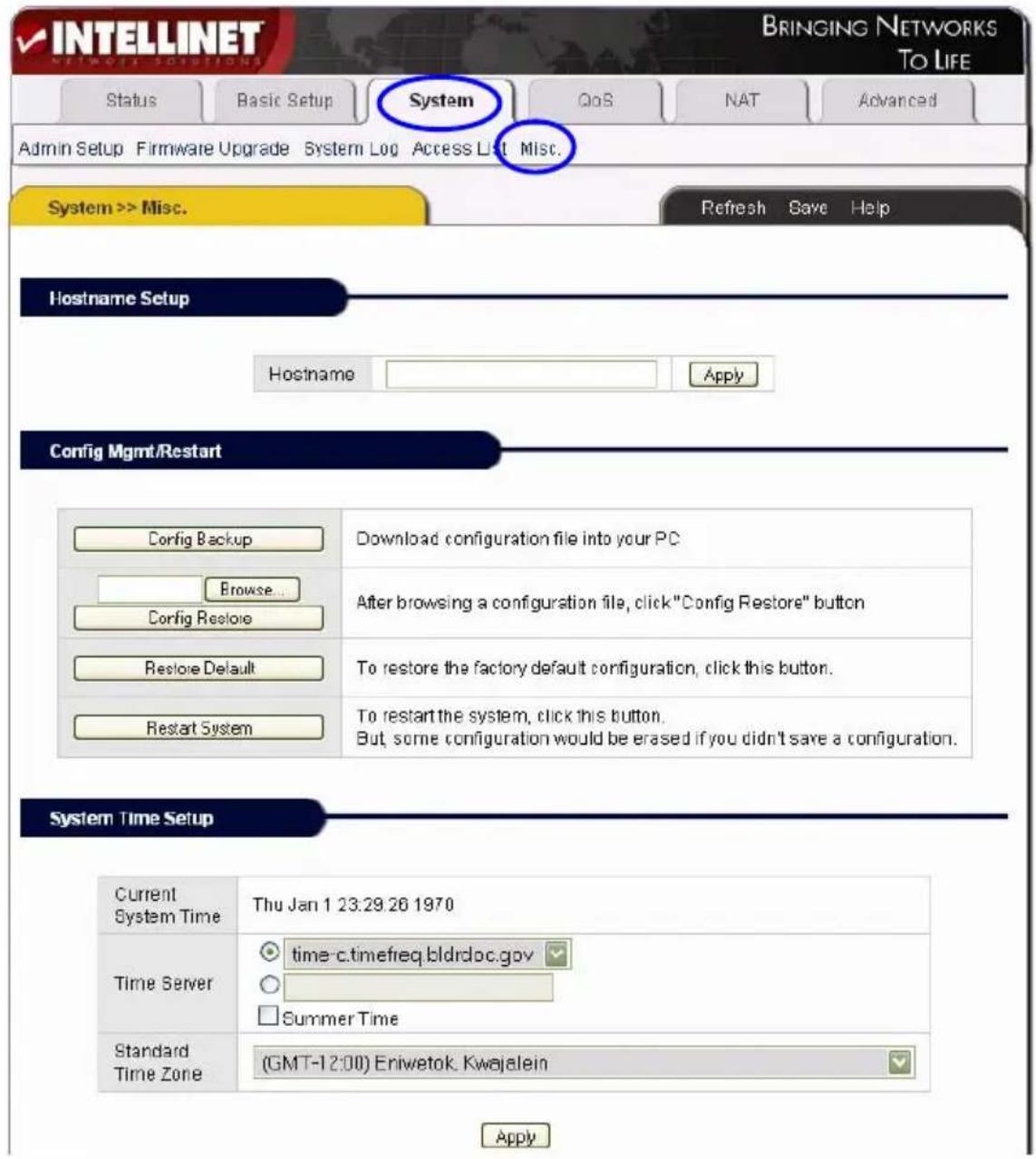INTELLINET BRINGING NETWORKS TO LIFE Status Basic Setup System QoS NAT Advanced Admin Setup Firmware Upgrade System Log Access List Misc. System >> Misc. Refresh Save Help Hostname Setup Hostname Apply Config Mgmt/Restart Config Backup Download configuration file into your PC Browse... After browsin…