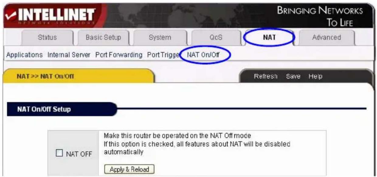 INTELLINET NETWORKS SOLUTIONS BRINGING NETWORKS TO LIFE Status Basic Setup System QoS NAT Advanced Applications Internal Server Port Forwarding Port Trigger NAT On/Off NAT >> NAT On/Off Refresh Save Help NAT On/Off Setup □ NAT OFF Make this router be operated on the NAT Off mode If this option is ch…