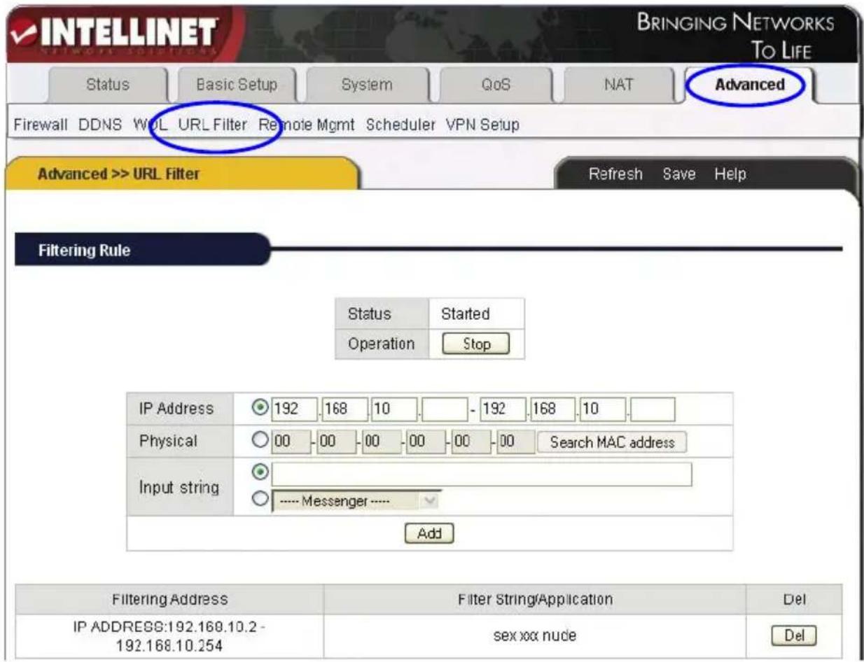 INTELLINET BRINGING NETWORKS TO LIFE Status Basic Setup System QoS NAT Advanced Firewall DDNS WOL URL Filter Remote Mgmt Scheduler VPN Setup Advanced >> URL Filter Refresh Save Help Filtering Rule Status Started Operation Stop IP Address 192 168 10 - 192 168 10 Physical 00 00 00 00 00 00 Search MAC…