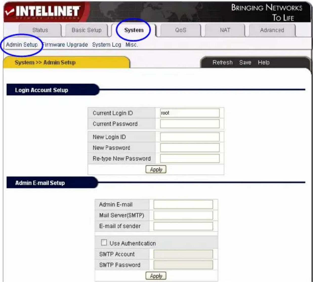 INTELLINET BRINGING NETWORKS TO LIFE Status Basic Setup System QoS NAT Advanced Admin Setup Firmware Upgrade System Log Misc. System >> Admin Setup Refresh Save Help Login Account Setup Current Login ID root Current Password New Login ID New Password Re-type New Password Apply Admin E-mail Setup Adm…