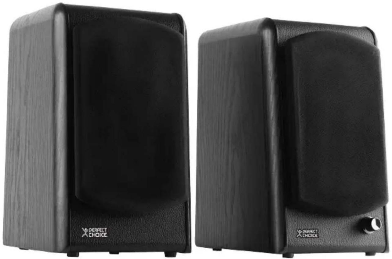 Two black audio/video speakers with 'PERFECT CHOICE' branding, shown from front and side views (no additional text or symbols).