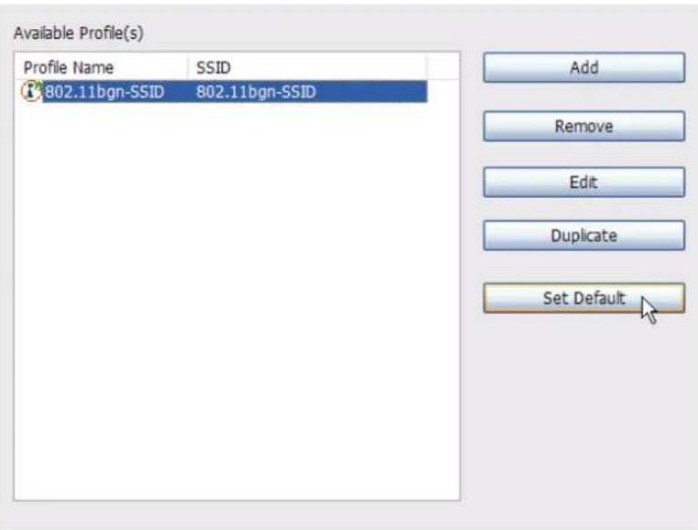 Available Profile(s) Profile Name SSID 802.11bgn-SSID 802.11bgn-SSID Add Remove Edit Duplicate Set Default