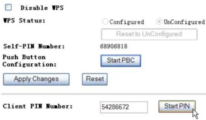 Disable WPS WPS Status: Configured UnConfigured Reset to UnConfigured Self-PIN Number: 68906818 Push Button Configuration: Start PBC Apply Changes Reset Client PIN Number: 54286672 Start PIN