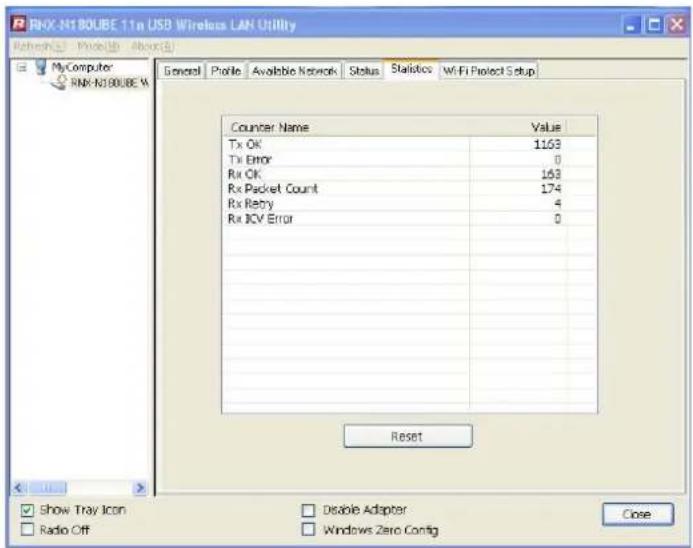 RNX N1 80UBE 11n USB Wireless LAN Utility Refresh(S) - Price(H) - Amount(S) General Profile Available Network Status Statistics WiFi Project Setup MyComputer RNX N1 80UBE W Counter Name Value Tx OK 1163 Tx Error 0 Rx CK 163 Rx Packet Count 174 Rx Copy 4 Rx JCV Error 0 Reset Show Tray Icon Disable Adapter Radio Off Windows Zero Config Close