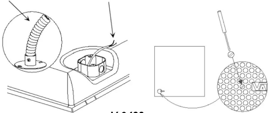 Technical diagram showing a mechanical assembly with labeled components and a circular component with 'V' label