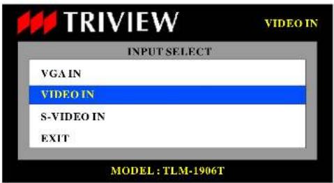 TRIVIEW VIDEO IN INPUT SELECT VGA IN VIDEO IN S-VIDEO IN EXIT MODEL: TLM-1906T