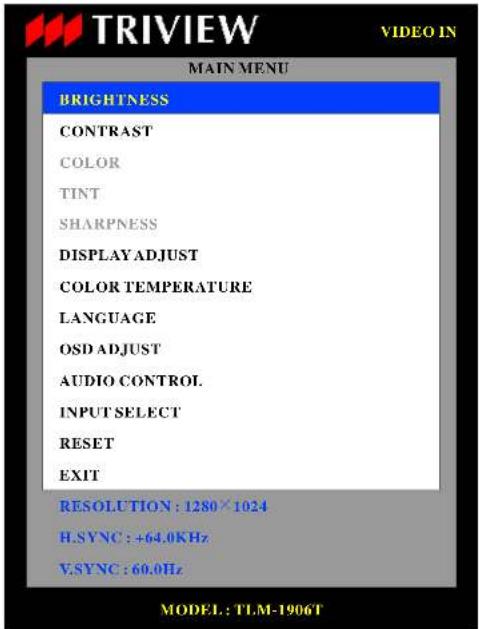 TRIVIEW VIDEO IN MAIN MENU BRIGHTNESS CONTRAST COLOR TINT SHARPNESS DISPLAY ADJUST COLOR TEMPERATURE LANGUAGE OSD ADJUST AUDIO CONTROL. INPUT SELECT RESET EXIT RESOLUTION : 1280 × 1024 H.SYNC : +64.0KHz V.SYNC : 60.0Hz MODEL: TLM-1906T