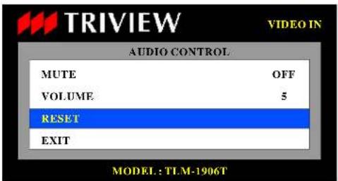 TRIVIEW VIDEO IN AUDIO CONTROL MUTE OFF VOLUME 5 RESET EXIT MODEL: TLM-1906T