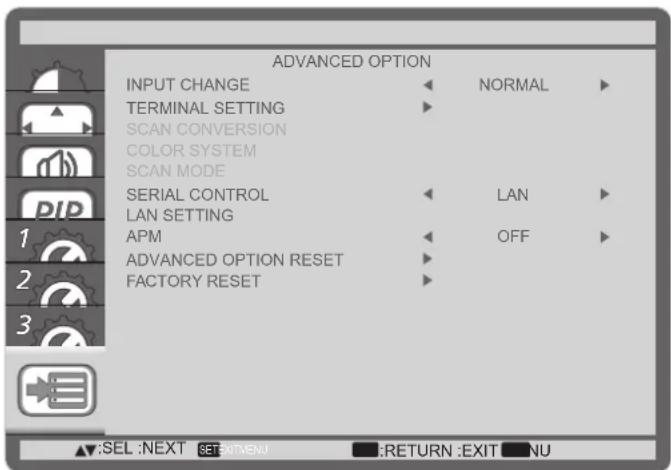 ADVANCED OPTION INPUT CHANGE ▶ NORMAL ▶ TERMINAL SETTING ▶ SCAN CONVERSION COLOR SYSTEM SCAN MODE SERIAL CONTROL ▶ LAN ▶ LAN SETTING APM ▶ OFF ▶ ADVANCED OPTION RESET ▶ FACTORY RESET ▶ ▲:SEL :NEXT SET:EXIT MENU ■:RETURN :EXIT ■NU