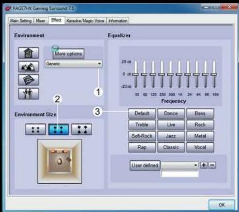 RAGETHX Gaming Surround 7.1 Main Setting User Effect Kanake/Magic Voice Information Environment More options Generic 2 3 Environment Size Equalizer 20 dB 0 dB -20 dB Frequency Default Dance Bass Treble Live Rock Soft-Rock Jazz Metal Rap Classic Vocal User defined + OK