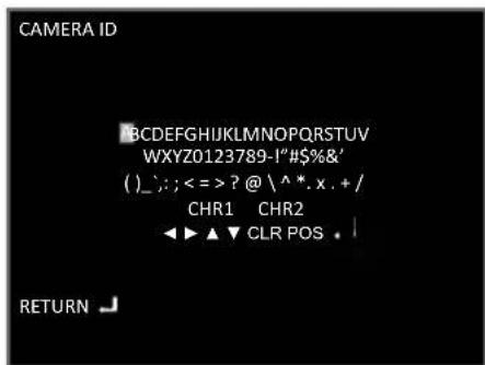 CAMERA ID BCDEFGHJKLMNOPQRSTUV WXYZ0123789-1"#$%&' ()/_): ; <= >? @ \^*.x. + / CHR1 CHR2 ▲▲▼ CLR POS • | RETURN ↕