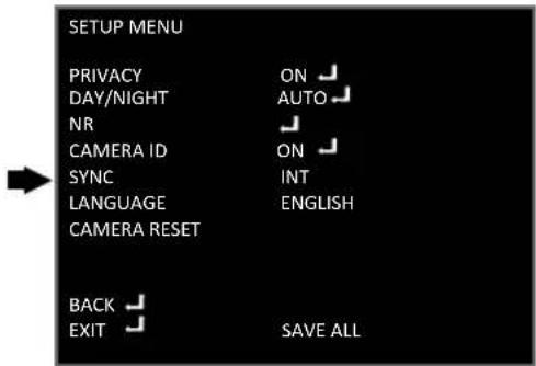 SETUP MENU PRIVACY ON DAY/NIGHT AUTO NR CAMERA ID ON SYNC INT LANGUAGE ENGLISH CAMERA RESET BACK EXIT SAVE ALL