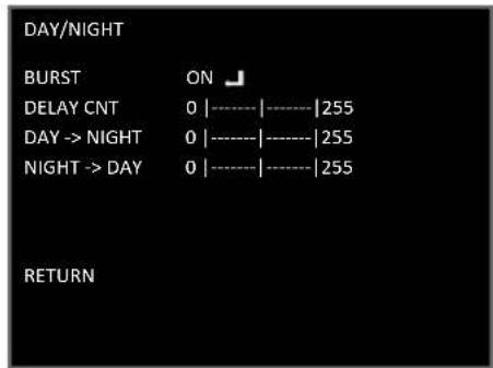 DAY/NIGHT BURST ON DELAY CNT 0 |----|----|255 DAY -> NIGHT 0 |----|----|255 NIGHT -> DAY 0 |----|----|255 RETURN