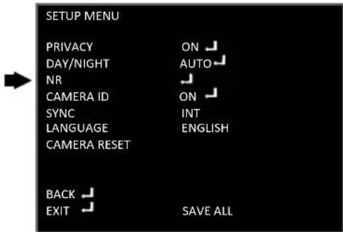 SETUP MENU PRIVACY ON DAY/NIGHT AUTO NR CAMERA ID ON SYNC INT LANGUAGE ENGLISH CAMERA RESET BACK EXIT SAVE ALL