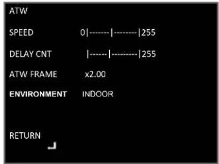 ATW SPEED 0|----|----|255 DELAY CNT |----|----|255 ATW FRAME x2.00 ENVIRONMENT INDOOR RETURN