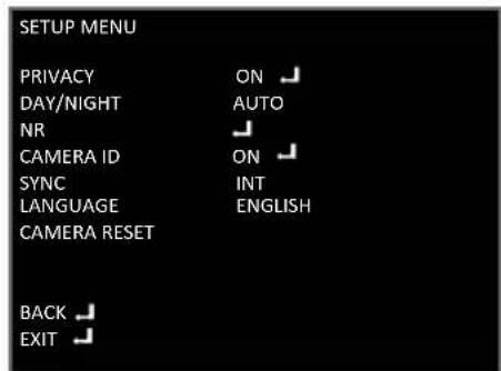 SETUP MENU PRIVACY ON DAY/NIGHT AUTO NR CAMERA ID ON SYNC INT LANGUAGE ENGLISH CAMERA RESET BACK EXIT