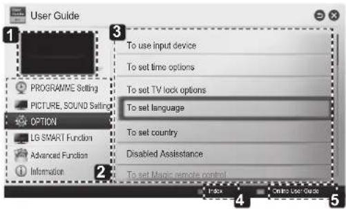 User Guide 1 PROGRAMME Setting PICTURE, SOUND Setting OPTION LG SMART Function Advanced Function Information To use input device To set time options To set TV lock options To set language To set country Disabled Assistance To set Management environment Index Online User Guide