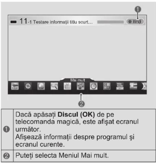 11-1 Testare informații titlu scurt... Mai mult ① Dacă apăsați Discul (OK) de pe telecomanda magică, este afișat ecranul următor. Afisează informații despre programul și ecranul curente. ② Puteți selecta Meniul Mai mult.