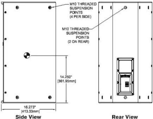 M10 THREADED SUSPENSION POINTS (4 PER SIDE) M10 THREADED SUSPENSION POINTS (2 ON REAR) 14.250° [361.95mm] 16.273" [413.33mm] Side View / Rear View