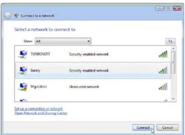 Connect to a network Select a network to connect to Show All TURBONETT Security-enabled network Sunny Security-enabled network SIGVISITORS Unsecured network Set up a connection or networks Open Network and Sharing Center Connect Cancel