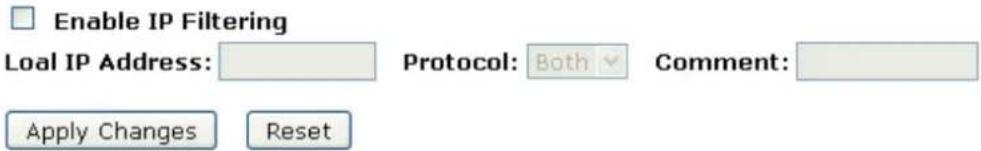 Enable IP Filtering LoaIP Address: Protocol: Both Comment: Apply Changes Reset