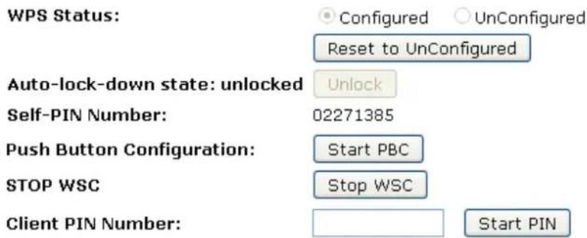 WPS Status: ● Configured ○ UnConfigured Reset to UnConfigured Auto-lock-down state: unlocked Unlock Self-PIN Number: 02271385 Push Button Configuration: Start PBC STOP WSC Stop WSC Client PIN Number: Start PIN