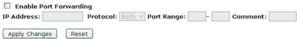 Enable Port Forwarding IP Address: Protocol: Both Port Range: Comment: Apply Changes Reset