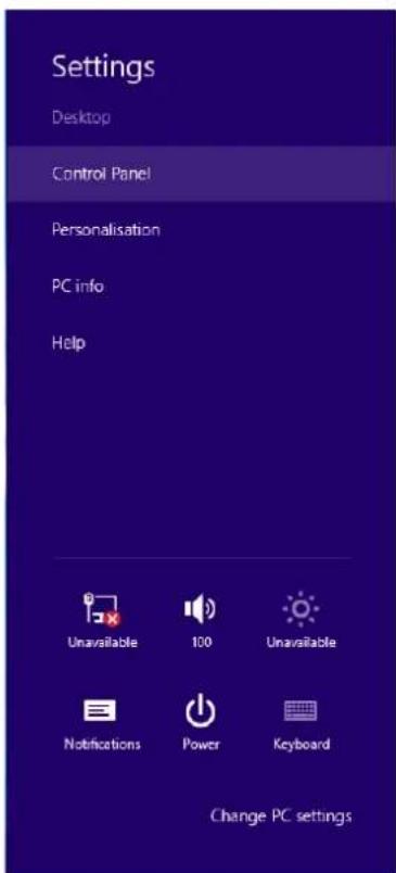Settings Desktop Control Panel Personalisation PC info Help Unavailable 100 Unavailable Notifications Power Keyboard Change PC settings