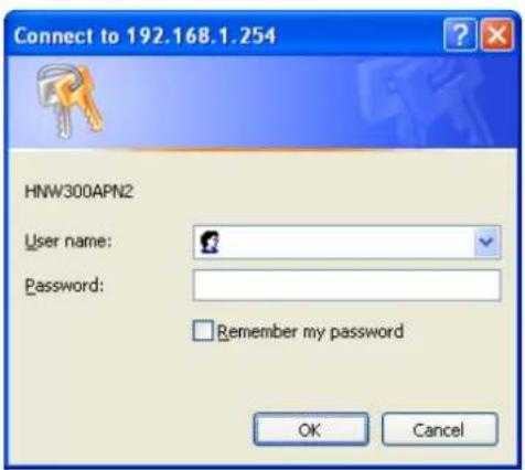 Connect to 192.168.1.254 HNW300APN2 User name: Password: Remember my password OK Cancel