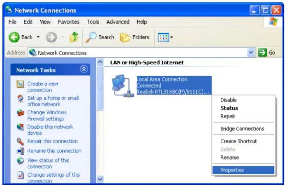 Network Connections File Edit View Favorites Tools Advanced Help Back Search Folders Address Network Connections Go LAN or High-Speed Internet Local Area Connection Connected Realtek RTL8168C(P)/8111C(...) Disable Status Repair Bridge Connections Create Shortcut Delete Rename Properties Network Tasks Create a new connection Set up a home or small office network Change Windows Firewall settings Disable this network device Repair this connection Rename this connection View status of this connection Change settings of this connection