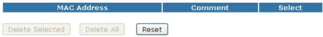 MAC Address Comment Select Delete Selected Delete All Reset