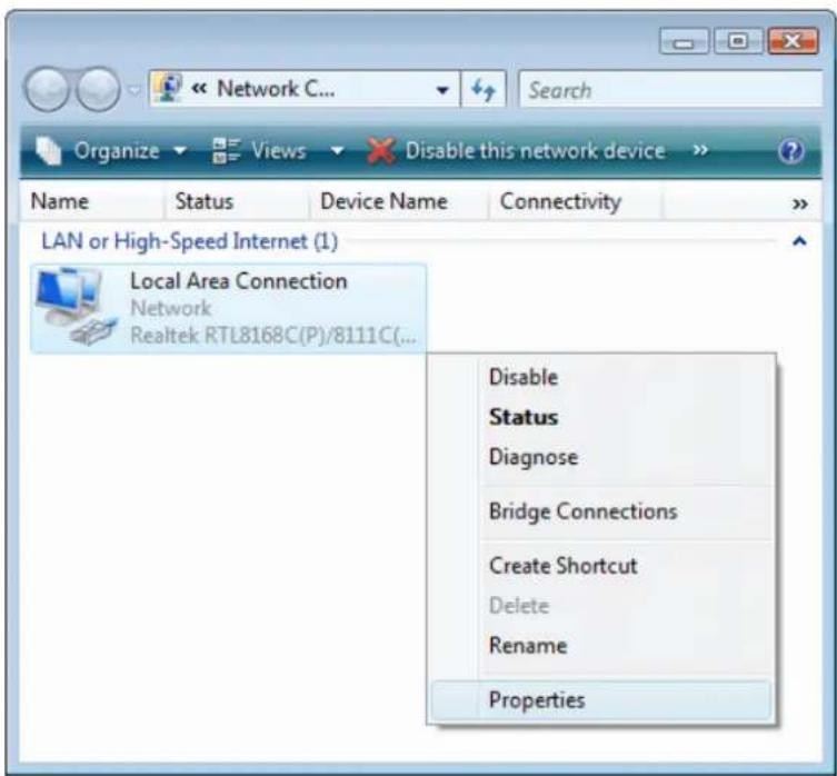 Organize Views Disable this network device Name Status Device Name Connectivity LAN or High-Speed Internet (1) Local Area Connection Network Realtek RTL8168C(P)/8111C(... Disable Status Diagnose Bridge Connections Create Shortcut Delete Rename Properties