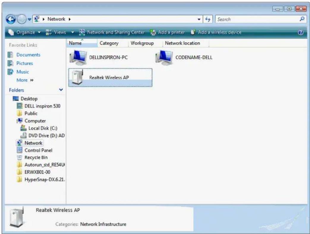 Network Search Organize Views Network and Sharing Center Add a printer Add a wireless device Favorite Links Documents Pictures Music More » Folders Desktop DELL inspiron 530 Public Computer Local Disk (C:) DVD Drive (D:) AD Network Control Panel Recycle Bin Autorun_std_RE54U ERWXB01-00 HyperSnap-DX.6.21. Name Category Workgroup Network location DELLINSPIRON-PC CODENAME-DELL Realtek Wireless AP Realtek Wireless AP Categories: Network Infrastructure