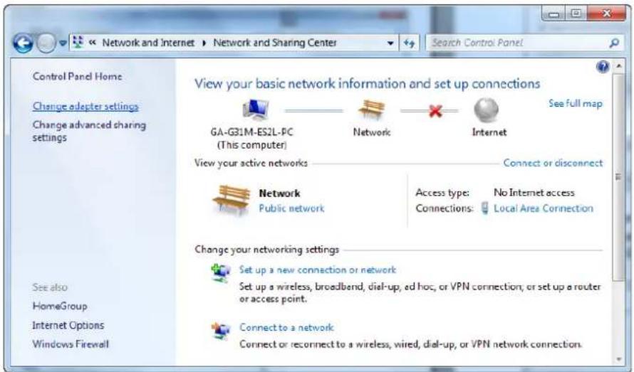 Network and Internet > Network and Sharing Center Search Control Panel Control Panel Home Change adapter settings Change advanced sharing settings View your basic network information and set up connections See full map GA-G31M-ES2L-PC (This computer) Network Internet View your active networks Connect or disconnect Network Public network Access type: No Internet access Connections: Local Area Connection Change your networking settings Set up a new connection or network Set up a wireless, broadband, dial-up, ed hoc, or VPN connection; or set up a router or access point. Connect to a network Connect or reconnect to a wireless, wired, dial-up, or VPN network connection. See also HomeGroup Internet Options Windows Firewall