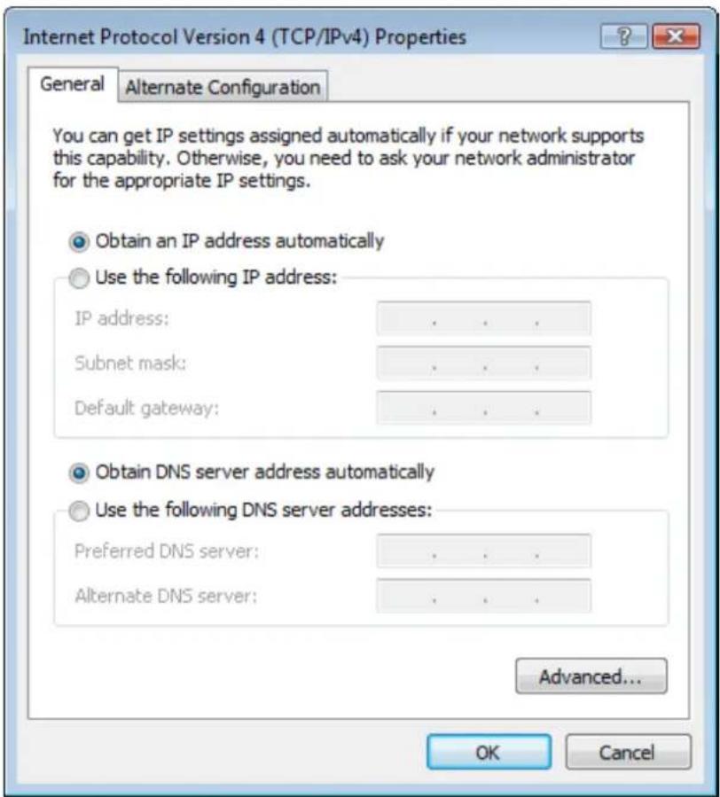 Internet Protocol Version 4 (TCP/IPv4) Properties General Alternate Configuration You can get IP settings assigned automatically if your network supports this capability. Otherwise, you need to ask your network administrator for the appropriate IP settings. Obtain an IP address automatically Use the following IP address: IP address: . Subnet mask: . Default gateway: . Obtain DNS server address automatically Use the following DNS server addresses: Preferred DNS server: . Alternate DNS server: . Advanced... OK Cancel