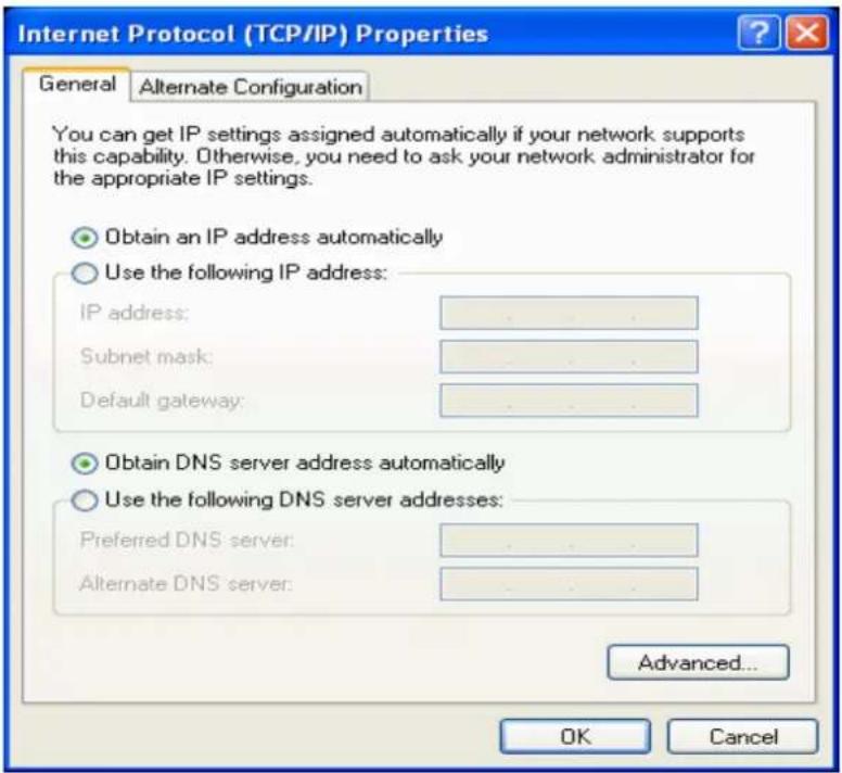 Internet Protocol (TCP/IP) Properties General Alternate Configuration You can get IP settings assigned automatically if your network supports this capability. Otherwise, you need to ask your network administrator for the appropriate IP settings. Obtain an IP address automatically Use the following IP address: IP address: ...... Subnet mask: ...... Default gateway: ...... Obtain DNS server address automatically Use the following DNS server addresses: Preferred DNS server: ...... Alternate DNS server: ...... Advanced... OK Cancel