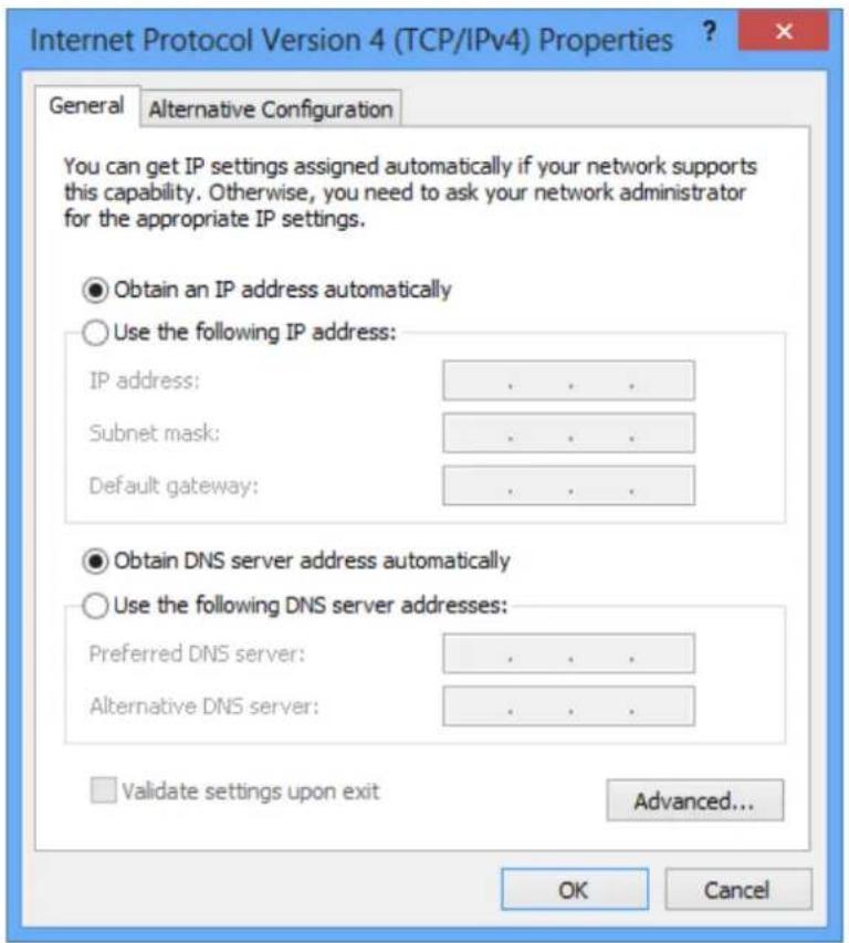 Internet Protocol Version 4 (TCP/IPv4) Properties General Alternative Configuration You can get IP settings assigned automatically if your network supports this capability. Otherwise, you need to ask your network administrator for the appropriate IP settings. Obtain an IP address automatically Use the following IP address: IP address: . . . . Subnet mask: . . . . Default gateway: . . . . Obtain DNS server address automatically Use the following DNS server addresses: Preferred DNS server: . . . . Alternative DNS server: . . . . Validate settings upon exit Advanced... OK Cancel