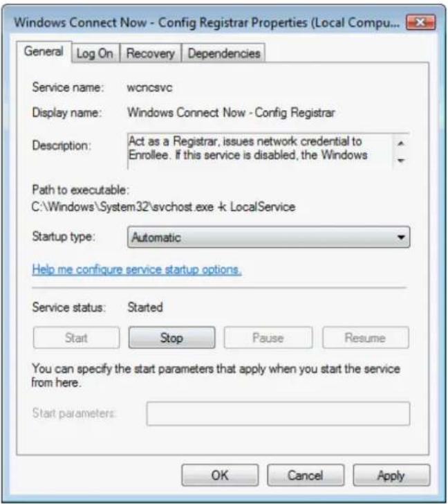 Windows Connect Now - Config Registrar Properties (Local Compu... General Log On Recovery Dependencies Service name: wcncsvc Display name: Windows Connect Now - Config Registrar Description: Act as a Registrar, issues network credential to Enrollee. If this service is disabled, the Windows Path to executable: C:\Windows\System32\svchost.exe -k LocalService Startup type: Automatic Help me configure service startup options. Service status: Started Start Stop Pause Resume You can specify the start parameters that apply when you start the service from here. Start parameters: OK Cancel Apply