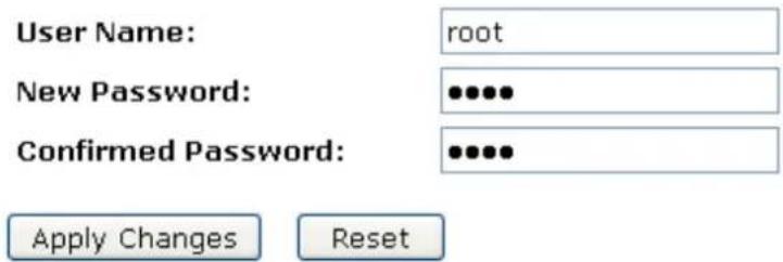 User Name: root New Password: ••••• Confirmed Password: ••••• Apply Changes Reset