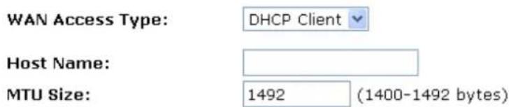 WAN Access Type: DHCP Client Host Name: MTU Size: 1492 (1400-1492 bytes)